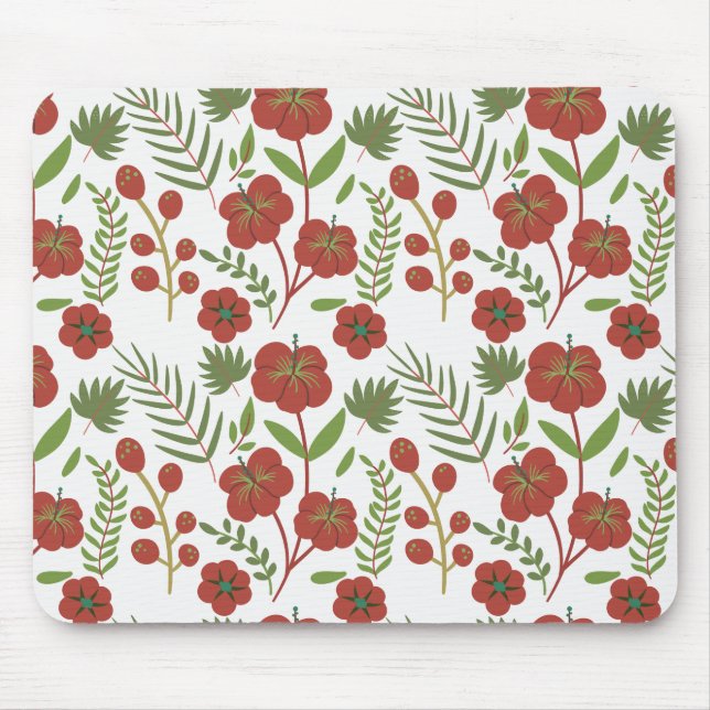 Red floral seamless pattern on white background mouse pad (Front)