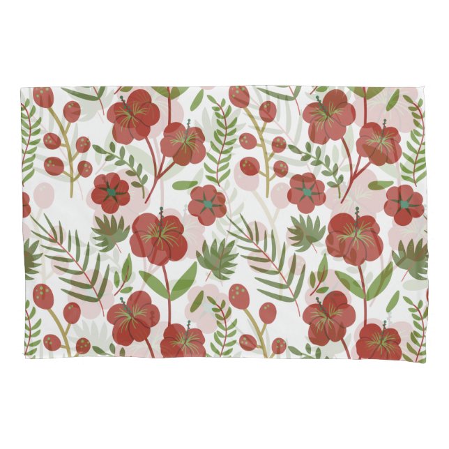 Red floral seamless pattern on white background pillowcase (Front-Left)