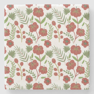 Red floral seamless pattern on white background stone coaster
