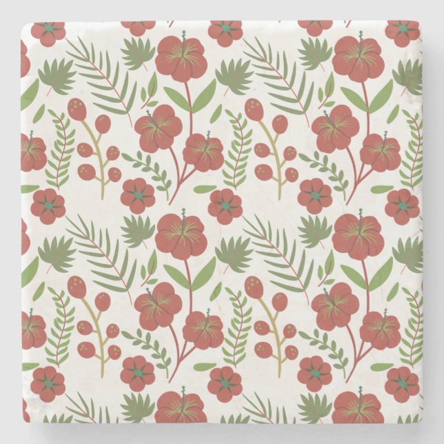 Red floral seamless pattern on white background stone coaster (Front)