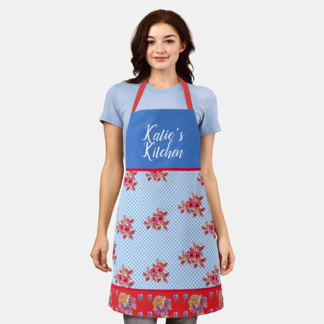 Red Floral Shabby Chic Blue Gingham Customizable Apron (Worn)