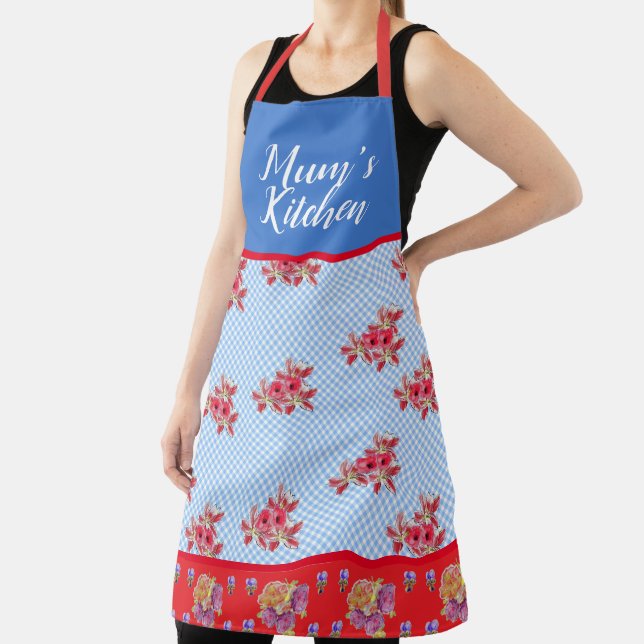 Red Floral Shabby Chic Blue Gingham Mums Kitchen A Apron (Insitu)