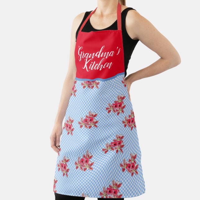 Red Floral Shabby Chic Blue Grandmas Kitchen Apron (Insitu)