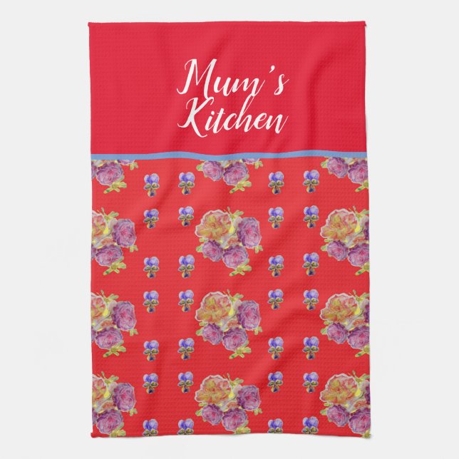 Red Floral Shabby Chic Roses Rose Mums Kitchen Apr Towel (Vertical)