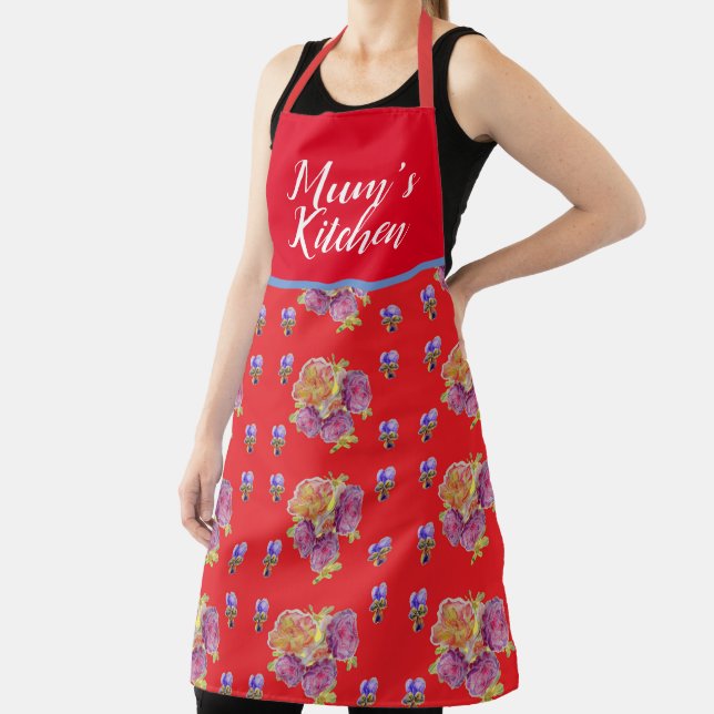 Red Floral Shabby Chic Roses Rose Mums Kitchen Apron (Insitu)