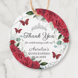 Red Floral Silver Butterflies Princess Tiara Favour Tags