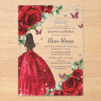 Red Floral Silver Butterflies Quinceañera Sweet 16