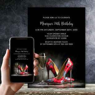 Red Floral Stiletto Shoes Birthday Party Invitation