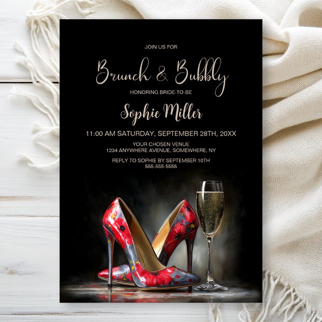 Red Floral Stiletto Shoes Brunch and Bubbly Invitation (Creator Uploaded)