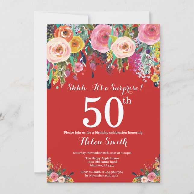 Red Floral Surprise 50e anniversaire Invitation (Devant)