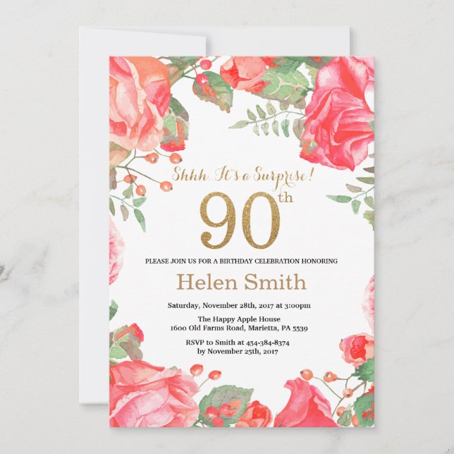 Red Floral Surprise 90th Birthday Gold Glitter Invitation (Front)