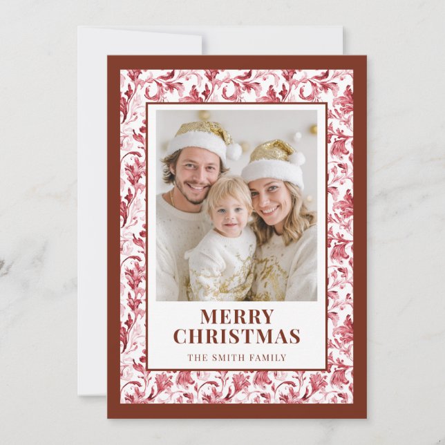 Red Floral Toile Christmas Photo Holiday Card (Front)
