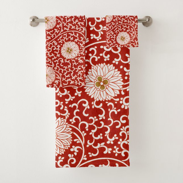 Red Floral Vibrant Ornate Classic Pattern Bath Towel Set (Insitu)