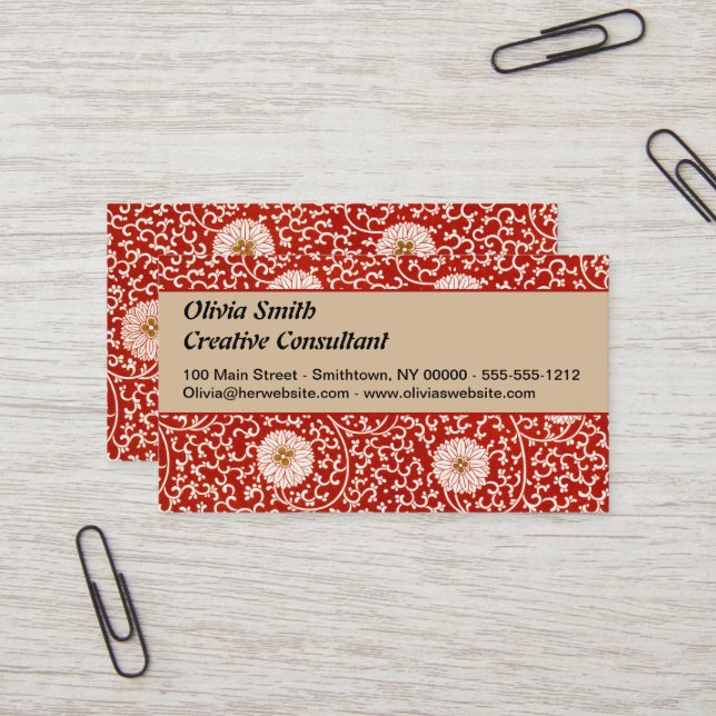 Red Floral Vibrant Ornate Classic Pattern Business Card (Front/Back In Situ)