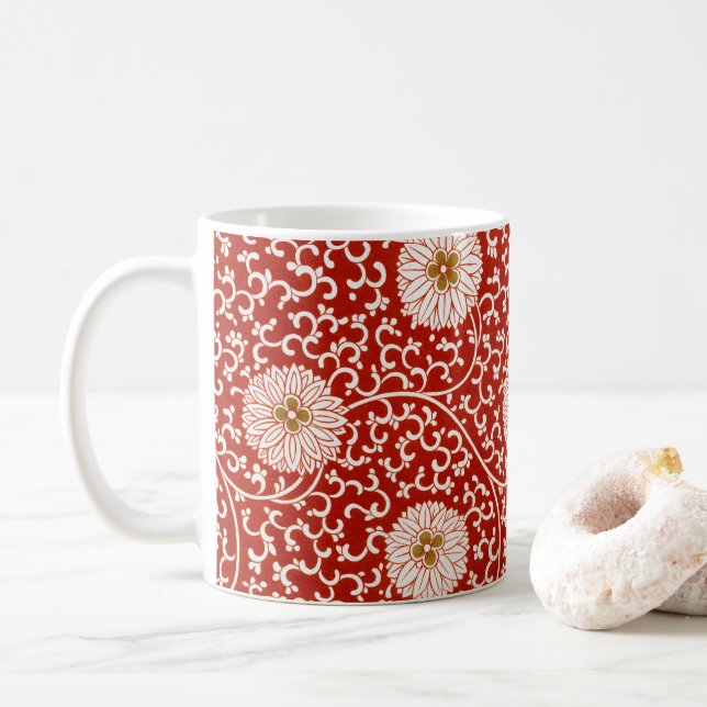 Red Floral Vibrant Ornate Classic Pattern Coffee Mug (With Donut)