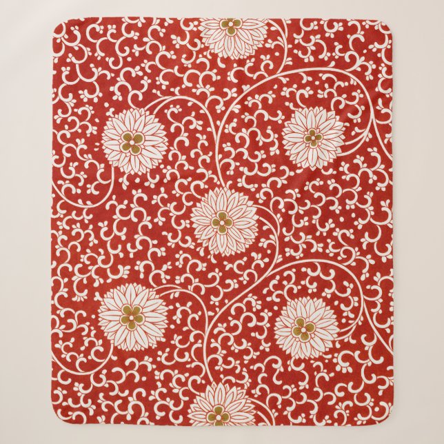 Red Floral Vibrant Ornate Classic Pattern Sherpa Blanket (Front)