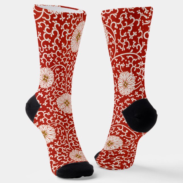 Red Floral Vibrant Ornate Classic Pattern Socks (Angled)