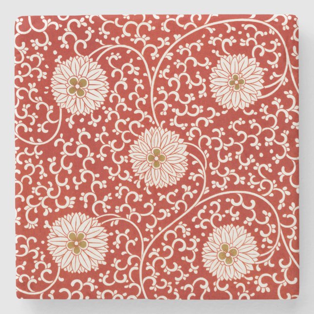 Red Floral Vibrant Ornate Classic Pattern Stone Coaster (Front)