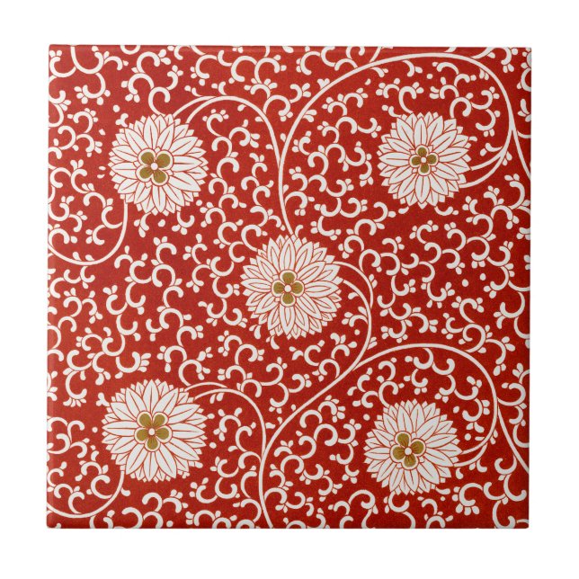 Red Floral Vibrant Ornate Classic Pattern Tile (Front)