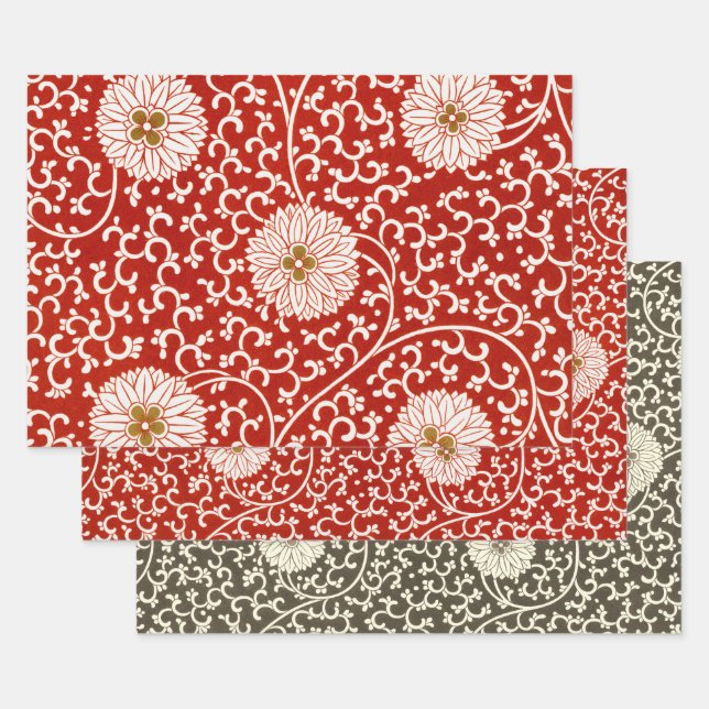 Red Floral Vibrant Ornate Classic Pattern Wrapping Paper Sheet (Set)