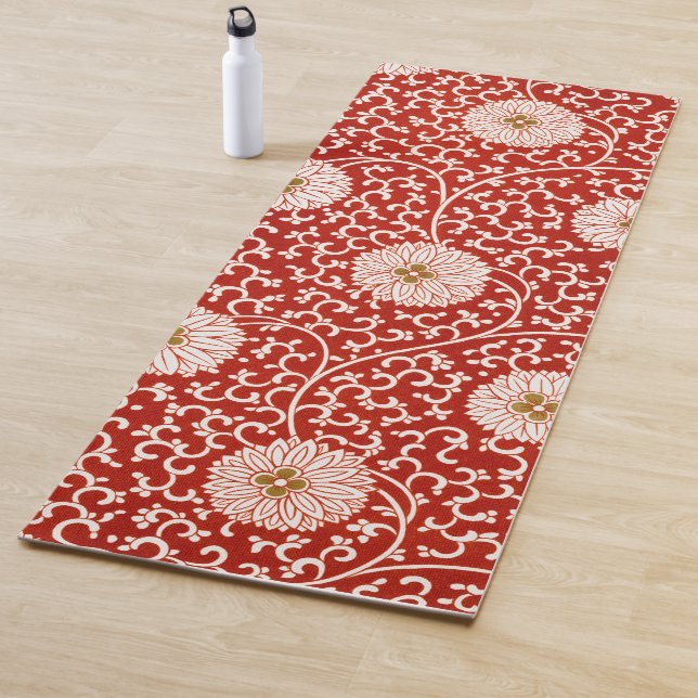 Red Floral Vibrant Ornate Classic Pattern Yoga Mat (In Situ)