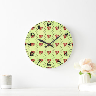 Red Floral Vine Pattern on Light Green Large Clock