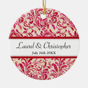 Red Floral Vintage Damask Pattern Save the Date Ceramic Ornament