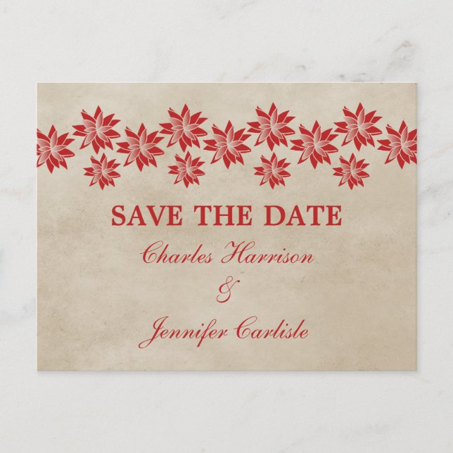 Red Floral Vintage Save the Date Postcard (Front)