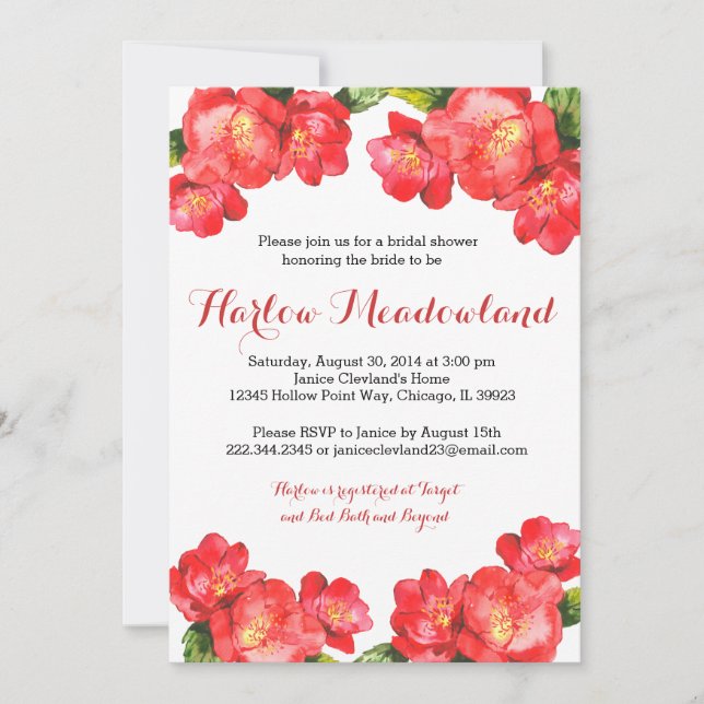 Red Floral Watercolor Bridal Shower Invitation (Front)