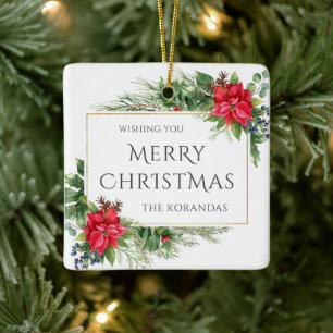 Red Floral Watercolor Christmas Holiday Ceramic Ornament