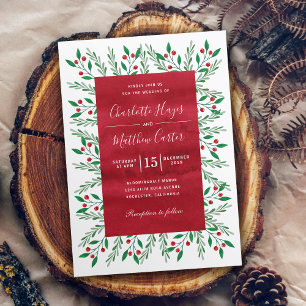 Red Floral Watercolor Christmas Wedding Invitation