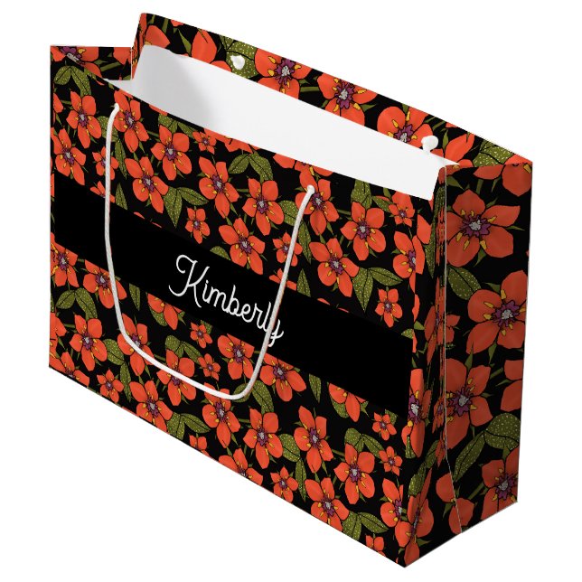 Red Floral Watercolor Monogram Name Large Gift Bag (Front Angled)