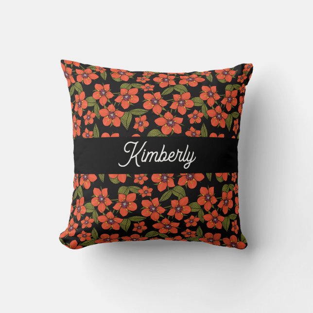 Red floral Watercolor Monogram Name Throw Pillow (Front)