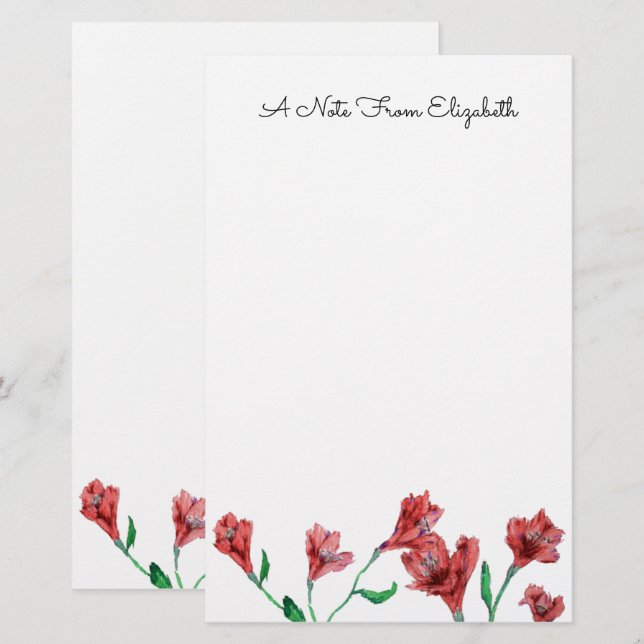 Red Floral Watercolor Personalized Stationery (Front/Back)