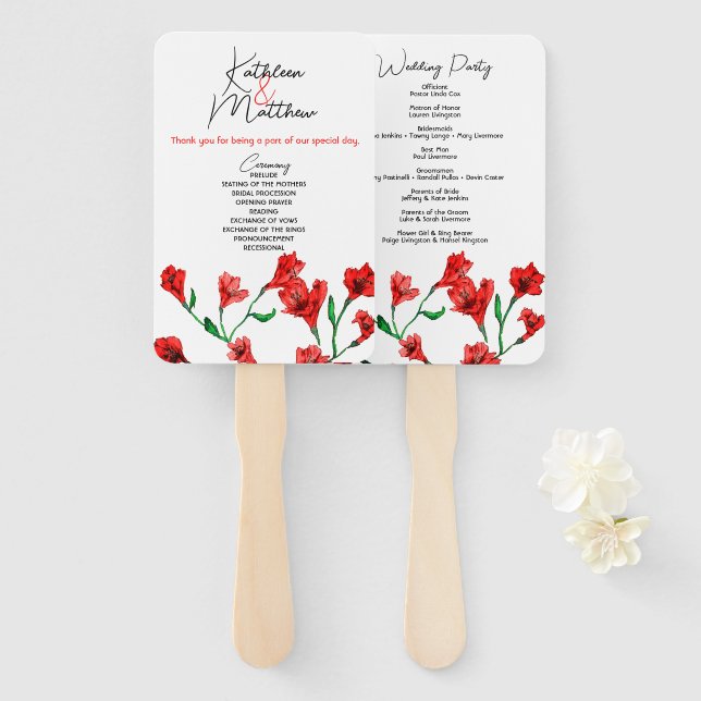Red Floral Watercolor Wedding Hand Fan (Front and Back)