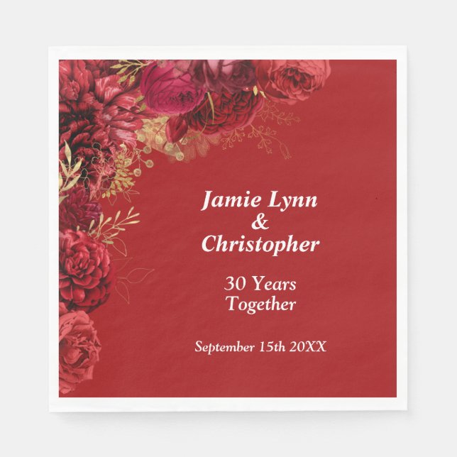 Red Floral Wedding Anniversary Napkins (Front)