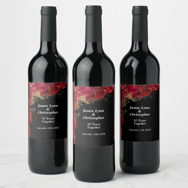 Red Floral Wedding Anniversary Wine Label (Bottles)