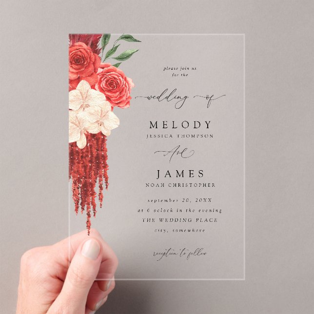 Red Floral Wedding V2 Acrylic Invitations (Insitu (Handheld))