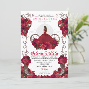 Red Floral Western Cowgirl Boots Quinceanera Invitation