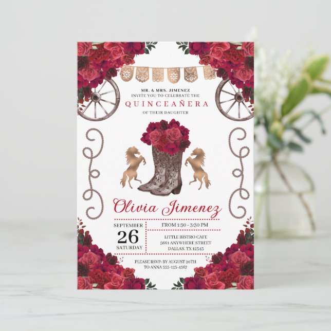 Red Floral Western Cowgirl Boots Quinceanera Invitation (Standing Front)
