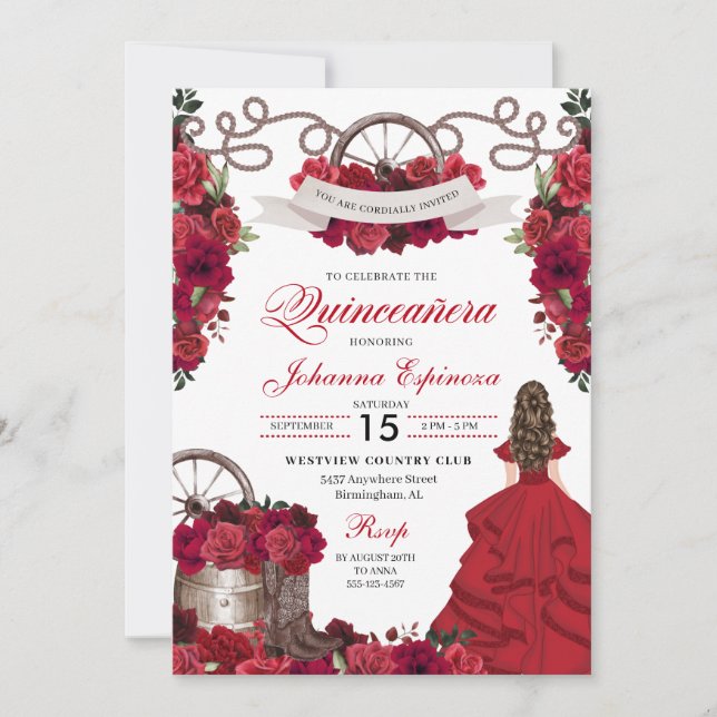 Red Floral Western Ranchero Quinceanera Invitation (Front)