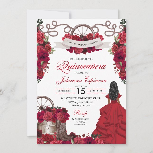 Red Floral Western Ranchero Quinceanera Invitation (Front)