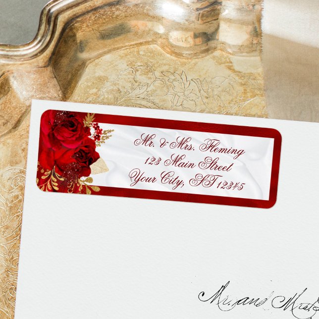 Red Floral White Satin Wedding Return Address (Creator Uploaded)