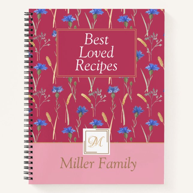 Red Floral Wildflower Mongoram Recipe Notebook (Front)