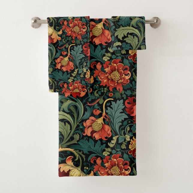 Red Floral William Morris print Bath Towel Set (Insitu)