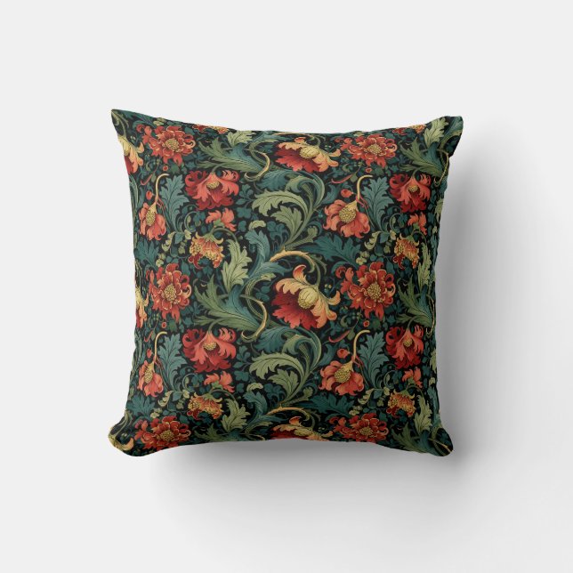 Red Floral William Morris print Throw Pillow (Front)