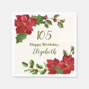 Red Floral Winter Greenery 105th Birthday Napkin