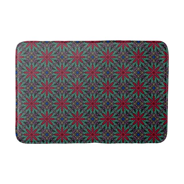 Red Floral With Green and Blue Bath Mat (Front)