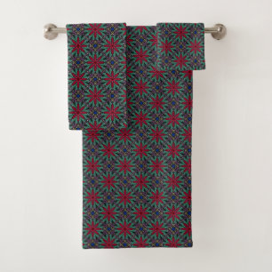 Red Floral With Green and Blue Bath Towel Set