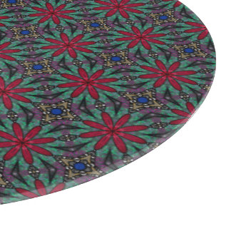 Red Floral With Green and Blue Cutting Board